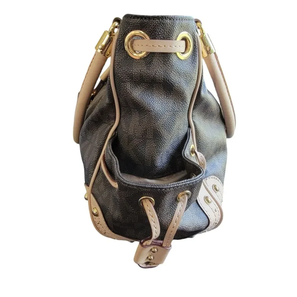 Michael Kors Brown Monogram Drawstring Satchel Handbag Purse Double Top Handle